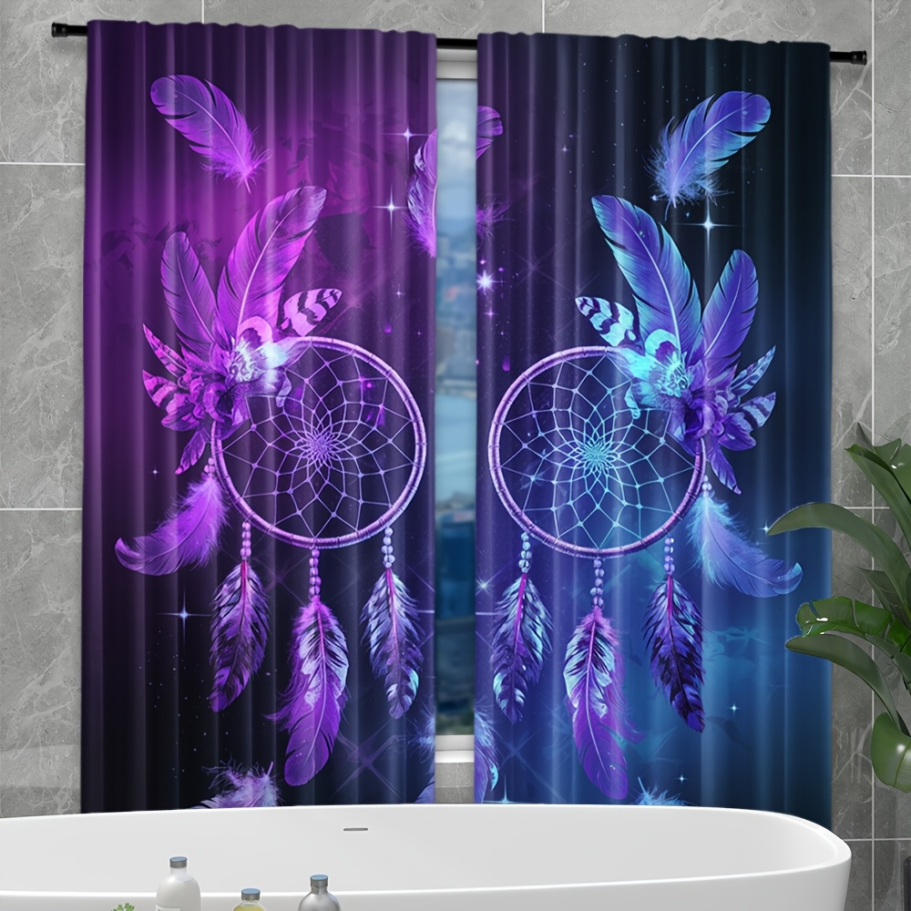 Home Office Interior Design - Purple Dreamcatcher Curtains Feather Art Boho