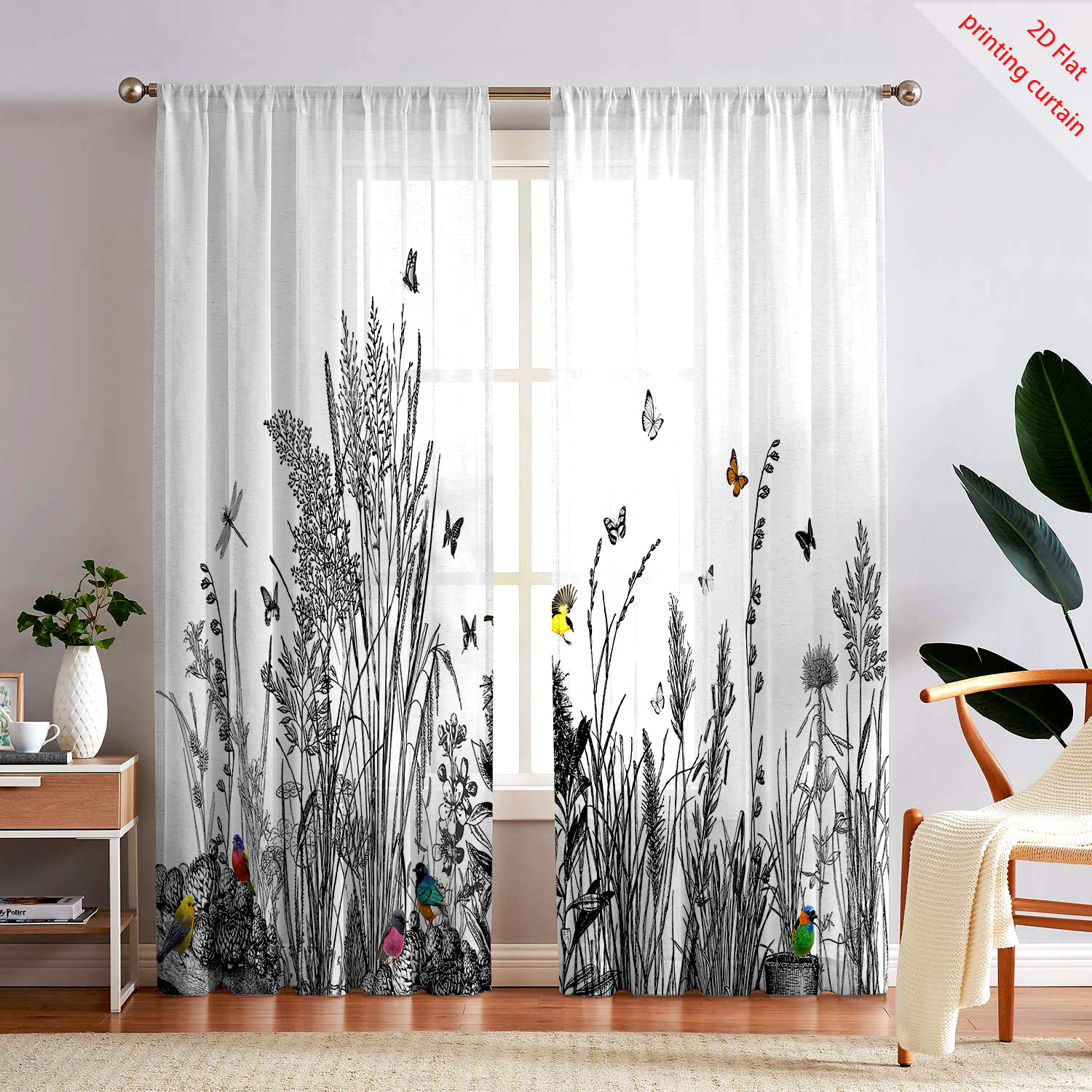Home Office Windows - Plant Printed Transparent Screen Curtain Home